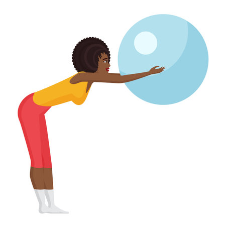 Fitness program with exercise ball. Personal sport gym coach vector cartoon illustrationのイラスト素材