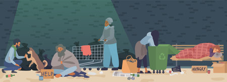 Homeless poor people on city street or park vector illustration. Cartoon beggars sleeping on dirty bench of ghetto and begging, adult unemployed desperate and hungry characters with poverty troublesのイラスト素材