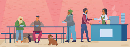 Volunteer cooking, feeding hungry homeless beggars vector illustration. Cartoon young woman cooks soup in kitchen of shelter to feed, give generous help and care to needy poor people and street dogsのイラスト素材