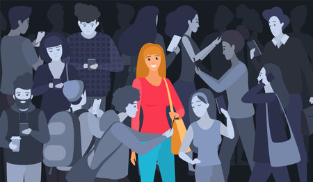 Digital detox and phone addiction vector illustration. Cartoon happy girl standing in crowd of many sad people scrolling bad negative news in smartphones to read, using cellphone for online lifeのイラスト素材