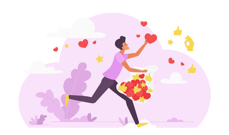 Likes and positive feedback collection, effective marketing campaign for social media content concept vector illustration. Cartoon tiny man holding bag and running to collect and catch flying heartsのイラスト素材