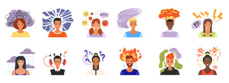 People with negative thinking and stress set vector illustration. Cartoon isolated unhappy man and...