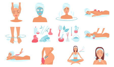 Wellness and spa set vector illustration. Cartoon facial skincare treatment and tools, beauty oil massage and aromatherapy, stone therapy for foot and hands, body of female characters in spa salonのイラスト素材
