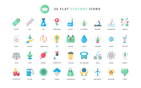 Eco technology, lab research and ideas symbols collection with sorting and recycle garbage, electric transport and science. Ecology and green energy trendy flat icons set vector illustration.のイラスト素材