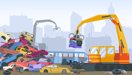 Junkyard with cars and metal scrap vector illustration. Cartoon city scrapyard landscape background with salvage works, truck with crane dismantling abandoned auto and car waste for recycling plantのイラスト素材