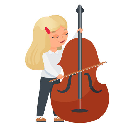 Little girl playing contrabass. Musical children performance, little artist vector cartoon illustrationのイラスト素材