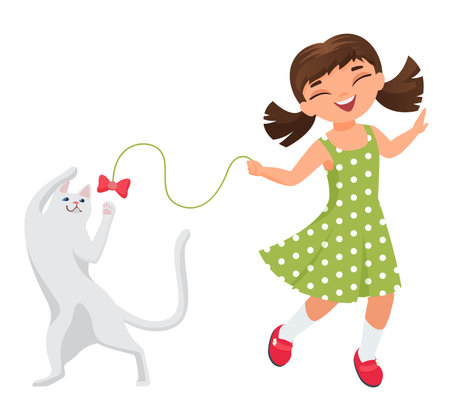 Happy girl playing with cat. Children home pets games, having fun together vector cartoon illustrationのイラスト素材