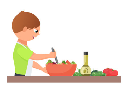 Kid preparing salad. Little boy cooking, child chef at kitchen vector illustrationのイラスト素材