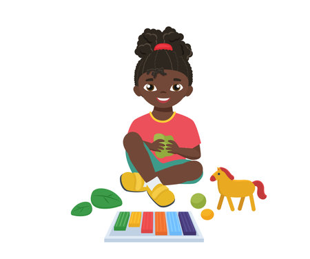 School kid playing with clay. Primary school pupil, modeling clay vector illustrationのイラスト素材