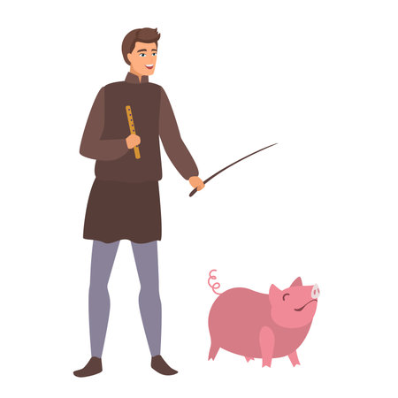 Medieval peasant with pig. Farmer occupation in middle ages cartoon vector illustrationのイラスト素材