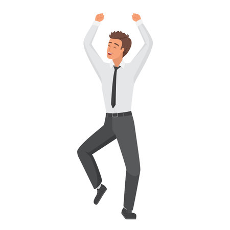 Excited office employee man. Happy businessman in jumping pose vector illustrationのイラスト素材