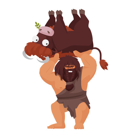 Strong caveman holds a cow. Primitive lifestyle, stone age people cartoon vector illustrationのイラスト素材