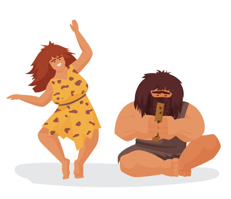 Stone age couple having fun. Primitive amusement activities, ancient lifestyle cartoon vector illustrationのイラスト素材