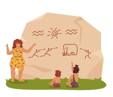 Stone age school education. Primitive people, ancient lifestyle cartoon vector illustrationのイラスト素材