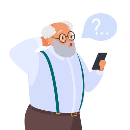 Confused old man holding phone vector illustration. Cartoon isolated sad senior person with smartphone problem and question mark over head, grandfather with glasses in need of help with mobile appのイラスト素材