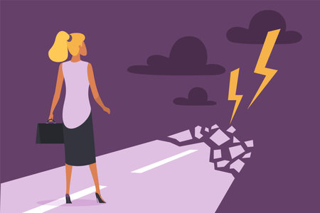 Businesswomans challenge, gender obstacle on way and discrimination vector illustration. Cartoon lightning and danger break road in front of walking woman, career growth limit due to prejudiceのイラスト素材