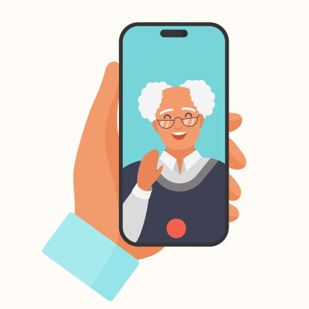 Video call to senior man vector illustration. Cartoon isolated hand holding phone to talk to elderly person on screen, virtual conference in smartphone and discussion with grandfather or old friendのイラスト素材