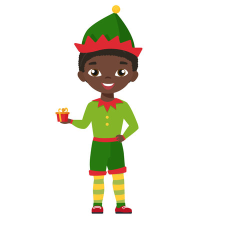 Kids in elf costumes. Christmas party carnival, winter holiday clothes vector cartoon illustrationのイラスト素材