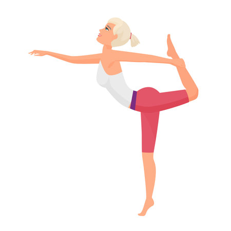 Student girl in yoga pose. Female student training sport, fitness exercise cartoon vector illustrationのイラスト素材