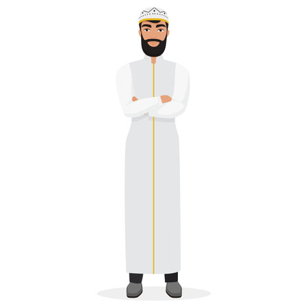 Arab man with crossed arms. Standing islamic man in traditional clothes cartoon vector illustrationのイラスト素材