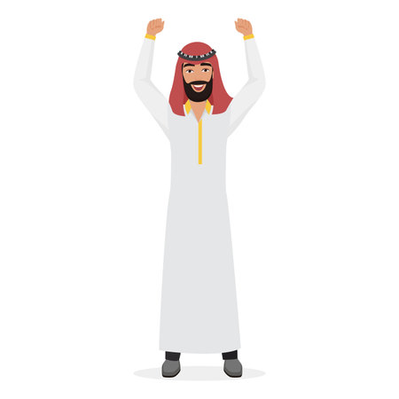 Happy arab man with hands up. Smiling excited muslim man cartoon vector illustrationのイラスト素材