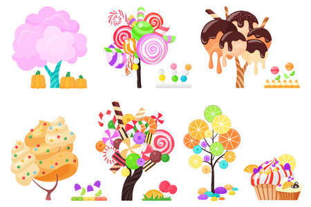 Candy trees set. Fairy plants of magic confectionery land with whipped cream swirls and chocolate glaze, lollipop and marshmallow, candied fruit slices and cupcake cartoon vector illustrationのイラスト素材