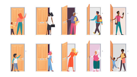 People open door set. Diverse young and old, male and female characters opening door, leaving or entering room at home or office, standing to knock or ring doorbell cartoon vector illustrationのイラスト素材