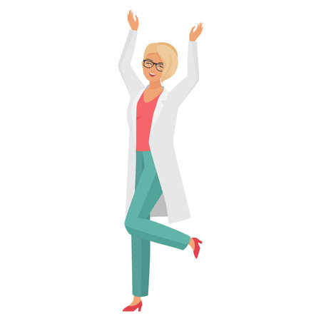 Happy doctor woman with raised hands. Excited successful medical worker cartoon vector illustrationのイラスト素材