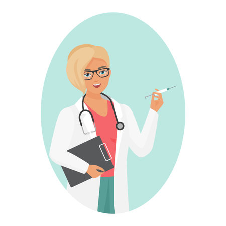 Doctor woman with glasses portrait. Hospital clinical worker in white coat cartoon vector illustrationのイラスト素材