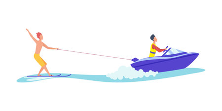 Young man enjoying water skiing in sea or ocean wave, standing on waterski vector illustrationのイラスト素材
