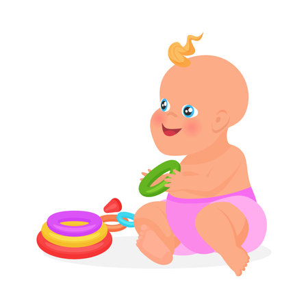 Newborn baby in diaper holding ring of rainbow plastic pyramid toy to play vector illustrationのイラスト素材