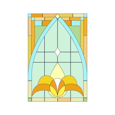 Stained glass window of rectangular shape with arch and colorful mosaic pattern inside frame vector illustrationのイラスト素材