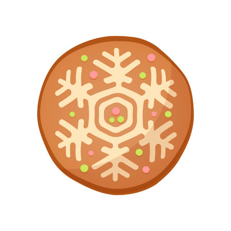 Christmas gingerbread round cookie, biscuit of circle shape with snowflake icing ornament vector illustrationのイラスト素材