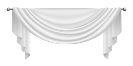 White curtains, 3D drapery of luxury silk fabric folds drape on silver pipe cornice vector illustrationのイラスト素材