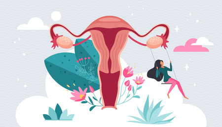 Care for female reproductive health and fertility, hormone balance. Tiny happy woman swinging with self love, healthy Uterus, Womb organs in anatomy diagram with flowers cartoon vector illustrationのイラスト素材