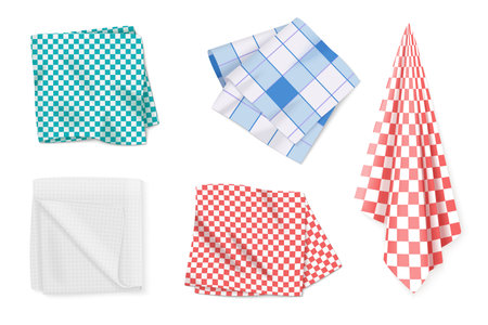 Gingham tablecloths and kitchen towels set. 3D realistic folded table cloth collection with plaid pattern, handkerchief and hanging linen napkin in top and side view cartoon vector illustrationのイラスト素材