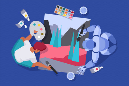 Art collaboration work between AI and human to create content. Interaction of robot and artist to...