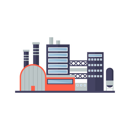 Factory buildings, hangar and bridge to industrial towers, chimney vector illustrationのイラスト素材