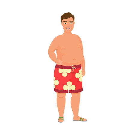Young plus size man in funny shorts and sandals standing on beach vector illustrationのイラスト素材