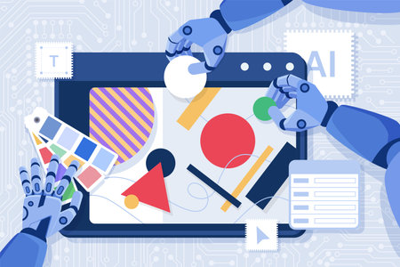 Creation of visual content with AI, automation of art production. Robot arms hold geometric shapes...
