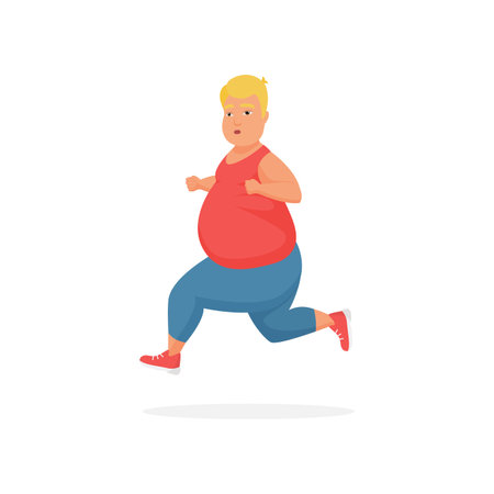 Overweight man with big belly running, tired male runner training vector illustrationのイラスト素材