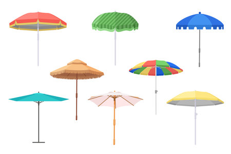 Open beach umbrellas set. Cute parasol collection for tropical sea summer holidays, outdoor garden or travel pool accessory for hot sun protection and shade summertime cartoon vector illustrationのイラスト素材