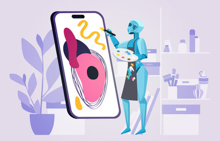 Art content generator mobile app for phone. Robot painting creative picture on smartphone screen,...