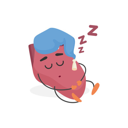 Cute heart sleeping in hat with pompom, funny human organ character in nightcap snoring vector illustrationのイラスト素材