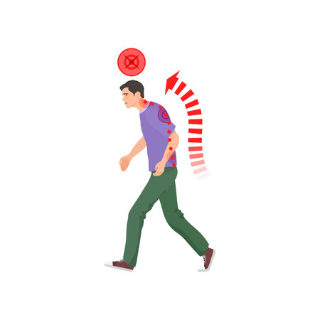 Walking man in wrong spine posture. Spine problems, bad walking pose cartoon vector illustrationのイラスト素材