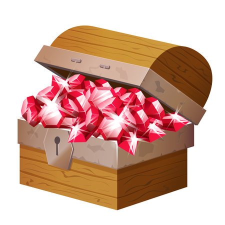 Old wooden chest with red gems diamonds crystals isolated game style treasure vector illustrationのイラスト素材