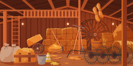 Farm wooden barn interior, indoor storage of hay stacks and agricultural equipment. Wooden village building with stairs up to hayloft ceiling, garden tools and straw pile cartoon vector illustrationのイラスト素材