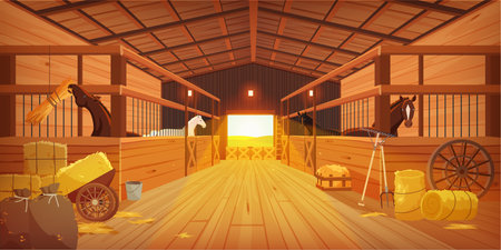 Empty stable inside, perspective view of aisle with stalls and gate. Wooden farm barn on ranch, countryside house with wood sheds for cows and horses, hay for animal feed cartoon vector illustrationのイラスト素材