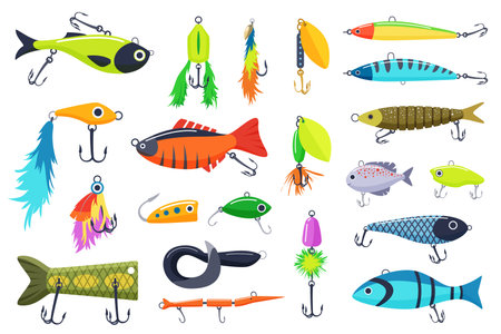 Lures for catching fish of different shapes set. Collection of fisherman equipment for fishing, underwater steel hook with bait, fishers tackle element and accessory cartoon vector illustrationのイラスト素材