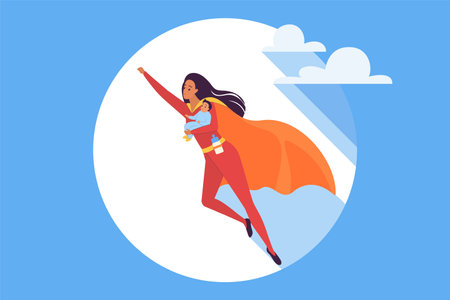 Mother superhero holding baby child and flying up in sky in pose of heroes strength and energy. Happy strong mom wearing cape and costume of superwoman to protect kid cartoon vector illustrationのイラスト素材